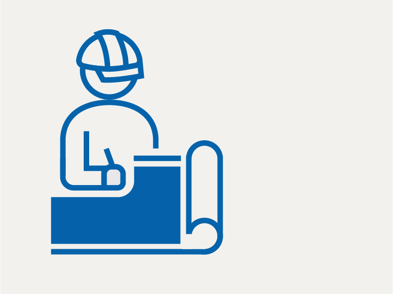 An icon featuring a figure wearing a hard hat and marking a blueprint, symbolizing a contractor.