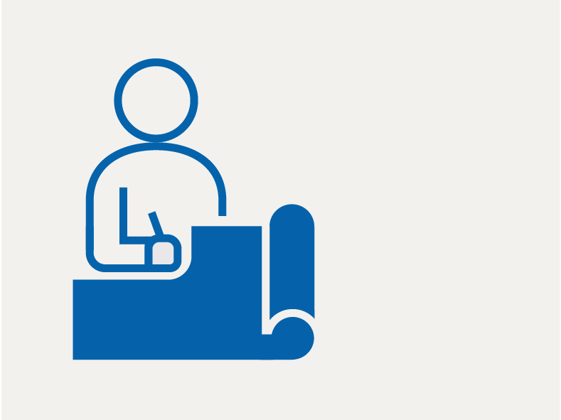 An icon featuring a figure drafting plans on a large blueprint, symbolizing an engineer or architect.