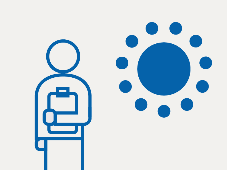 An icon featuring a figure holding a clipboard next to a sun symbol, symbolizing an energy/sustainability expert.