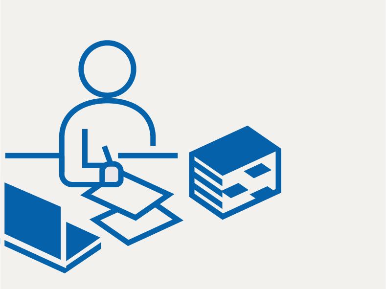 An icon featuring a figure reviewing and drafting documents, symbolizing a policy expert.