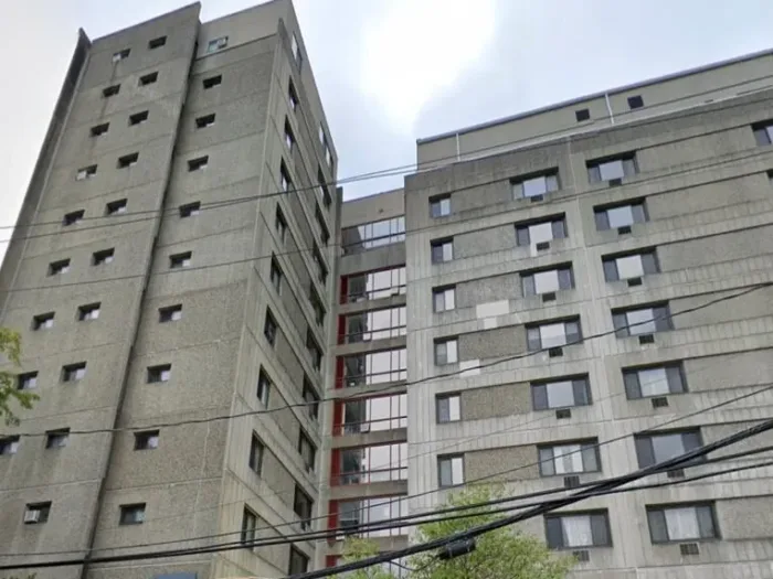 A low-angle view of Danesh Residences, a tall gray concrete brutalist building with many small windows and a central glass stairwell or connector.