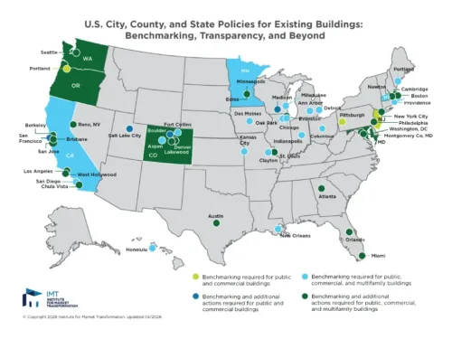 A jurisdictional map from the Institute of Market Transformation (IMT) illustrating U.S. cities, counties, and states that have passed building performance standards and energy benchmarking policies to track and reduce energy use.