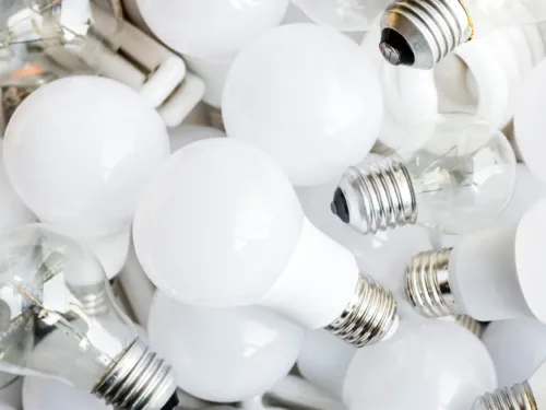 A pile of various light bulbs.