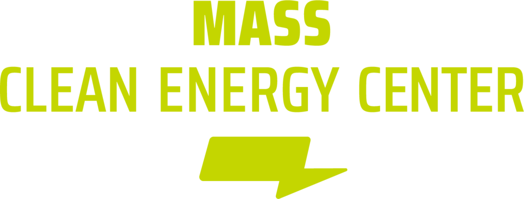 Mass Clean Energy Center logo with the full name in bold, bright green, sans-serif capital letters, stacked on two lines. Below the text, there is an icon of the Massachusetts state abstracted into a lightning bolt shape.