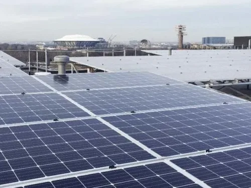 A rooftop covered in solar panels.