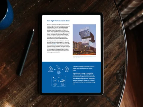 The High-Performance Building Procurement Toolkit displayed on a tablet, highlighting strategies for net-zero energy buildings.