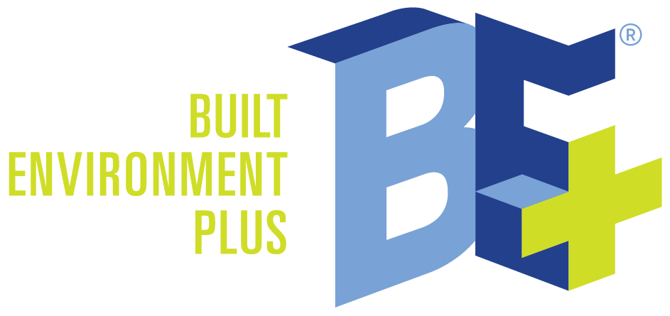 Logo for Built Environment Plus. It features the organization name in a bold, chartreuse font to the left, next to a stylized, three-dimensional graphic of the letters "BE" in blue, followed by a chartreuse plus sign.
