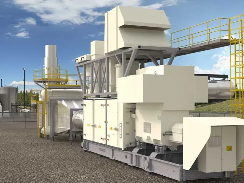 A 3D rendering of a large, beige industrial micro-combined heat and power unit situated outdoors on a gravel lot.