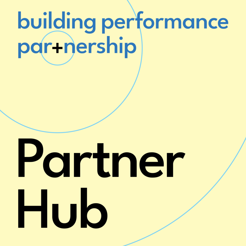 A graphic with a light yellow background featuring the words "building performance partnership" in blue and "Partner Hub" in large black text.