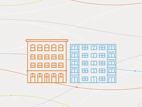 A drawing of two buildings, side by side, front faces visible