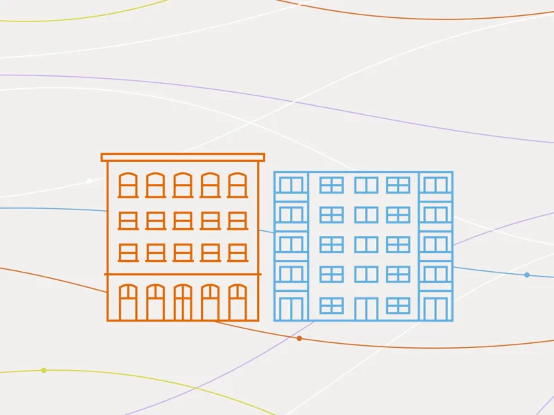 A drawing of two buildings, side by side, front faces visible